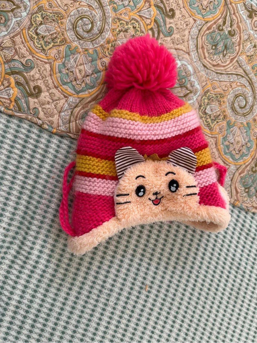 Girls' Crochet Winter Hat Pink Striped Cat Pom Pom Winter Hat Beanie